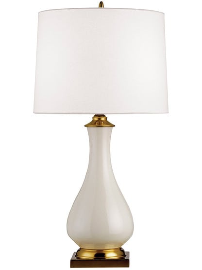 Lynton Table Lamp in Cream Crackle And Brass With Off White Linen Shade.